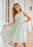 A-line One-Shoulder Sleeveless Chiffon Knee-Length Bridesmaid Dresses With Pleated Nova STIP0025379