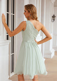 A-line One-Shoulder Sleeveless Chiffon Knee-Length Bridesmaid Dresses With Pleated Nova STIP0025379