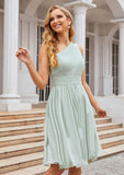 A-line One-Shoulder Sleeveless Chiffon Knee-Length Bridesmaid Dresses With Pleated Nova STIP0025379