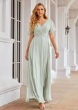 A-line V Neck Short Sleeve Chiffon Long/Floor-Length Bridesmaid Dresses With Pleated Waistband Beatrice STIP0025381