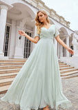 A-line V Neck Short Sleeve Chiffon Long/Floor-Length Bridesmaid Dresses With Pleated Waistband Beatrice STIP0025381