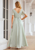 A-line V Neck Short Sleeve Chiffon Long/Floor-Length Bridesmaid Dresses With Pleated Waistband Beatrice STIP0025381