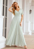 A-line V Neck Short Sleeve Chiffon Long/Floor-Length Bridesmaid Dresses With Pleated Waistband Beatrice STIP0025381