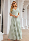 A-line V Neck Short Sleeve Chiffon Long/Floor-Length Bridesmaid Dresses With Pleated Waistband Beatrice STIP0025381