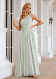 A-line One-Shoulder Sleeveless Chiffon Long/Floor-Length Bridesmaid Dresses With Pleated Shiloh STIP0025382