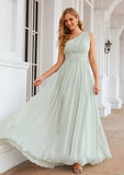 A-line One-Shoulder Sleeveless Chiffon Long/Floor-Length Bridesmaid Dresses With Pleated Shiloh STIP0025382