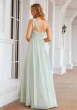 A-line One-Shoulder Sleeveless Chiffon Long/Floor-Length Bridesmaid Dresses With Pleated Shiloh STIP0025382