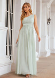 A-line One-Shoulder Sleeveless Chiffon Long/Floor-Length Bridesmaid Dresses With Pleated Shiloh STIP0025382