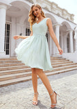 A-line V Neck Sleeveless Chiffon Knee-Length Bridesmaid Dresses With Pleated Waistband Adeline STIP0025383