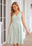 A-line V Neck Sleeveless Chiffon Knee-Length Bridesmaid Dresses With Pleated Waistband Adeline STIP0025383