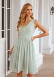 A-line V Neck Sleeveless Chiffon Knee-Length Bridesmaid Dresses With Pleated Waistband Adeline STIP0025383