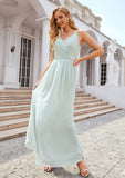 A-line V Neck Sleeveless Chiffon Long/Floor-Length Bridesmaid Dresses With Pleated Clara STIP0025385