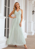 A-line V Neck Sleeveless Chiffon Long/Floor-Length Bridesmaid Dresses With Pleated Clara STIP0025385