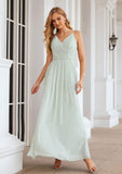 A-line V Neck Sleeveless Chiffon Long/Floor-Length Bridesmaid Dresses With Pleated Clara STIP0025385