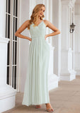 A-line V Neck Sleeveless Chiffon Long/Floor-Length Bridesmaid Dresses With Pleated Clara STIP0025385