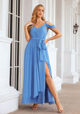 A-line V Neck Sleeveless Chiffon Long/Floor-Length Bridesmaid Dresses With Pleated Waistband Split Charlie STIP0025387