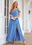 A-line V Neck Sleeveless Chiffon Long/Floor-Length Bridesmaid Dresses With Pleated Waistband Split Charlie STIP0025387