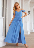 A-line V Neck Sleeveless Chiffon Long/Floor-Length Bridesmaid Dresses With Pleated Waistband Split Charlie STIP0025387