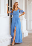 A-line V Neck Sleeveless Chiffon Long/Floor-Length Bridesmaid Dresses With Pleated Split Kamryn STIP0025388