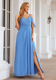 A-line V Neck Sleeveless Chiffon Long/Floor-Length Bridesmaid Dresses With Pleated Split Kamryn STIP0025388