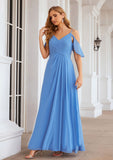 A-line V Neck Sleeveless Chiffon Long/Floor-Length Bridesmaid Dresses With Pleated Split Kamryn STIP0025388