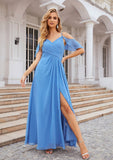 A-line V Neck Sleeveless Chiffon Long/Floor-Length Bridesmaid Dresses With Pleated Split Kamryn STIP0025388