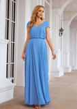 A-line V Neck Short Sleeve Chiffon Long/Floor-Length Bridesmaid Dresses Karla STIP0025390