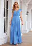 A-line V Neck Short Sleeve Chiffon Long/Floor-Length Bridesmaid Dresses Karla STIP0025390