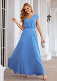 A-line V Neck Short Sleeve Chiffon Long/Floor-Length Bridesmaid Dresses Karla STIP0025390