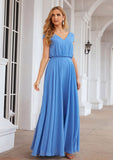 A-line V Neck Short Sleeve Chiffon Long/Floor-Length Bridesmaid Dresses Karla STIP0025390