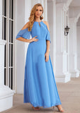 A-line Halter Half Sleeve Chiffon Long/Floor-Length Bridesmaid Dresses Shirley STIP0025391