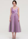 V Neck Sleeveless Tulle Tea-Length A-line/Princess Bridesmaid Dresses With Waistband Beading Pleated Georgia STIP0025395