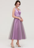 V Neck Sleeveless Tulle Tea-Length A-line/Princess Bridesmaid Dresses With Waistband Beading Pleated Georgia STIP0025395