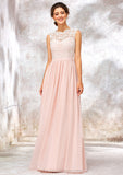 Scoop Neck Sleeveless Long/Floor-Length Chiffon A-line/Princess Bridesmaid Dresses With Lace Kali STIP0025398