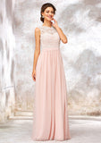 Scoop Neck Sleeveless Long/Floor-Length Chiffon A-line/Princess Bridesmaid Dresses With Lace Kali STIP0025398