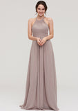 Scoop Neck Sleeveless A-line/Princess Chiffon Long/Floor-Length Bridesmaid Dresseses With Pleated Aylin STIP0025399