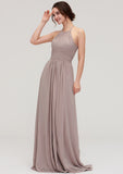 Scoop Neck Sleeveless A-line/Princess Chiffon Long/Floor-Length Bridesmaid Dresseses With Pleated Aylin STIP0025399