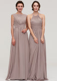 Scoop Neck Sleeveless A-line/Princess Chiffon Long/Floor-Length Bridesmaid Dresseses With Pleated Aylin STIP0025399