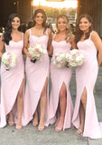 Sheath/Column Sweetheart Sleeveless Sweep Train Elastic Satin Bridesmaid Dresses With Pleated Split Kelly STIP0025400