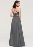 A-line/Princess Halter Long/Floor-Length Chiffon A-line/Princess Bridesmaid Dresses With Appliqued Lillie STIP0025402