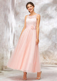 Bateau Sleeveless Tea-Length Tulle A-line/Princess Bridesmaid Dresses With Waistband Lace Hailee STIP0025403