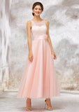 Bateau Sleeveless Tea-Length Tulle A-line/Princess Bridesmaid Dresses With Waistband Lace Hailee STIP0025403