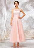 Bateau Sleeveless Tea-Length Tulle A-line/Princess Bridesmaid Dresses With Waistband Lace Hailee STIP0025403