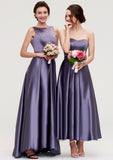 Sleeveless Bateau Ankle-Length Satin A-line/Princess Bridesmaid Dresses With Pleated Gladys STIP0025409