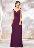 V Neck Sleeveless Long/Floor-Length Sheath/Column Chiffon Bridesmaid Dresses With Sashes Pleated Beading Greta STIP0025412