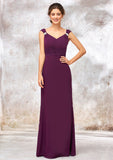 V Neck Sleeveless Long/Floor-Length Sheath/Column Chiffon Bridesmaid Dresses With Sashes Pleated Beading Greta STIP0025412