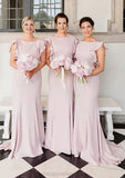 Sheath/Column Scoop Neck Sleeveless Sweep Train Elastic Satin Bridesmaid Dresses With Ruffles Gabriella STIP0025415