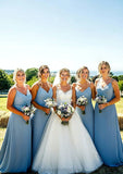 A-line V Neck Sleeveless Court Train Chiffon Bridesmaid Dresses With Pleated Vivien STIP0025419