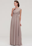 Bateau Sleeveless A-line/Princess Chiffon Long/Floor-Length Bridesmaid Dresses With Pleated Arely STIP0025420