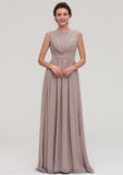 Bateau Sleeveless A-line/Princess Chiffon Long/Floor-Length Bridesmaid Dresses With Pleated Arely STIP0025420